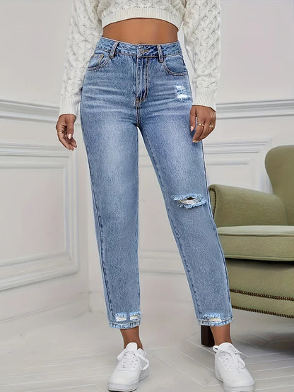 Cralom High Waist Distressed Blue Jeans Women's Streetwear Slim Fit Pencil Pants