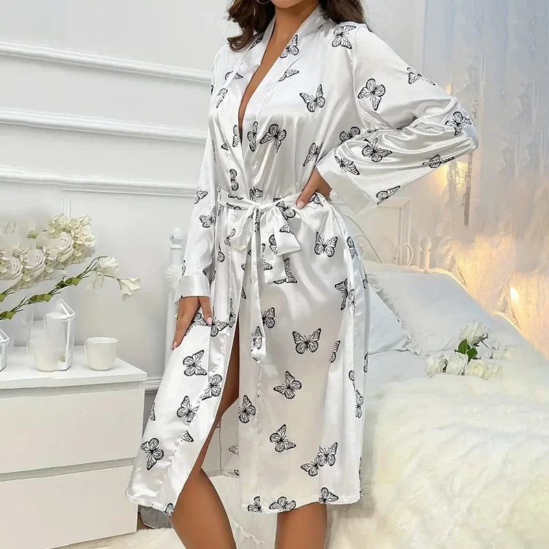 Cralom Satin Kimono Robe Nightdress Sleepwear V-Neck Long Sleeve Nightie Pyjamas