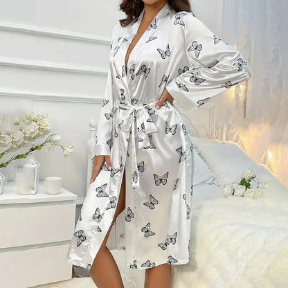 Cralom Satin Kimono Robe Nightdress Sleepwear V-Neck Long Sleeve Nightie Pyjamas