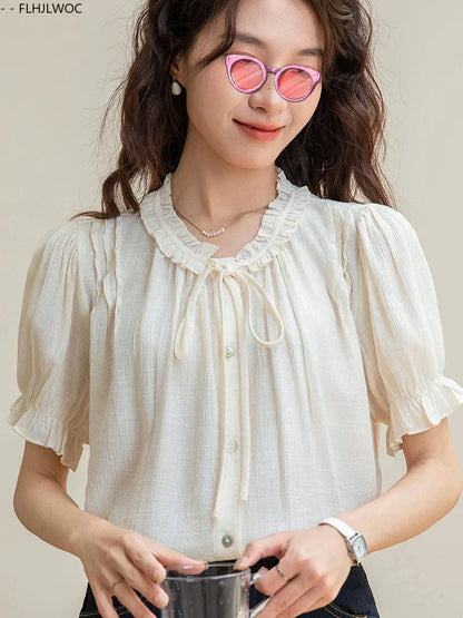 Cralom Stripe Floral Bow Tie Button Blouse Retro Vintage Preppy Style Tops