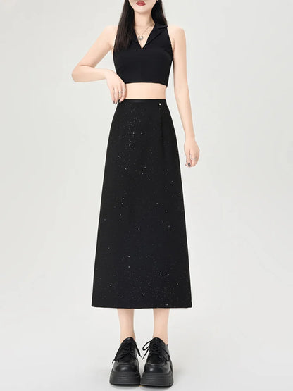 Cralom Elegant Sequins Suit Skirt- High Waist Slim A Line Midi Skirt