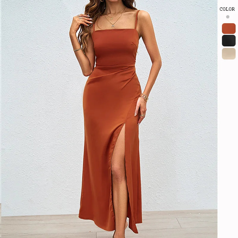 Cralom Square Neck Bareback Strap Split Dress