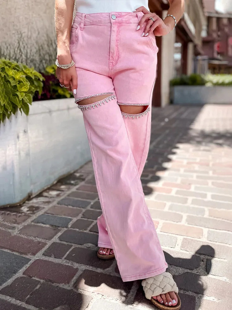 Cralom Diamonds Denim Trousers: High Waist Straight Pants Vintage Y2K Style