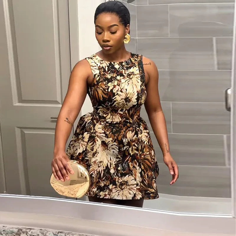 Cralom 2025 Summer Print A-line Sleeveless Short Dress