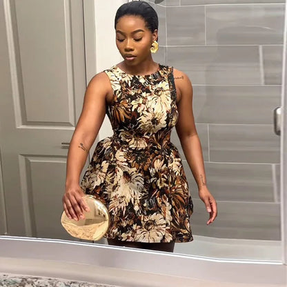 Cralom 2025 Summer Print A-line Sleeveless Short Dress
