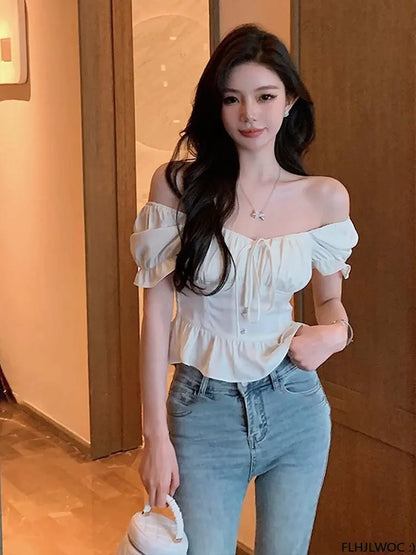 Cralom Off Shoulder Crop Tops: 2023 Summer Bow Tie Slim Waist Blouse