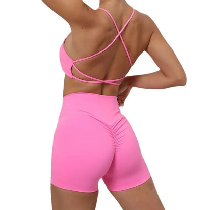 Cralom Yoga Sports Fitness Set: High Waist, Hip-lifting Shorts, Open Back Bra Gym Leggings
