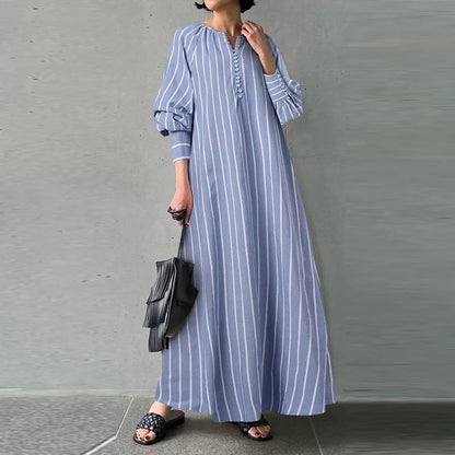 Cralom Striped Cotton Linen Long Sleeve Pullover Dress Summer 2024