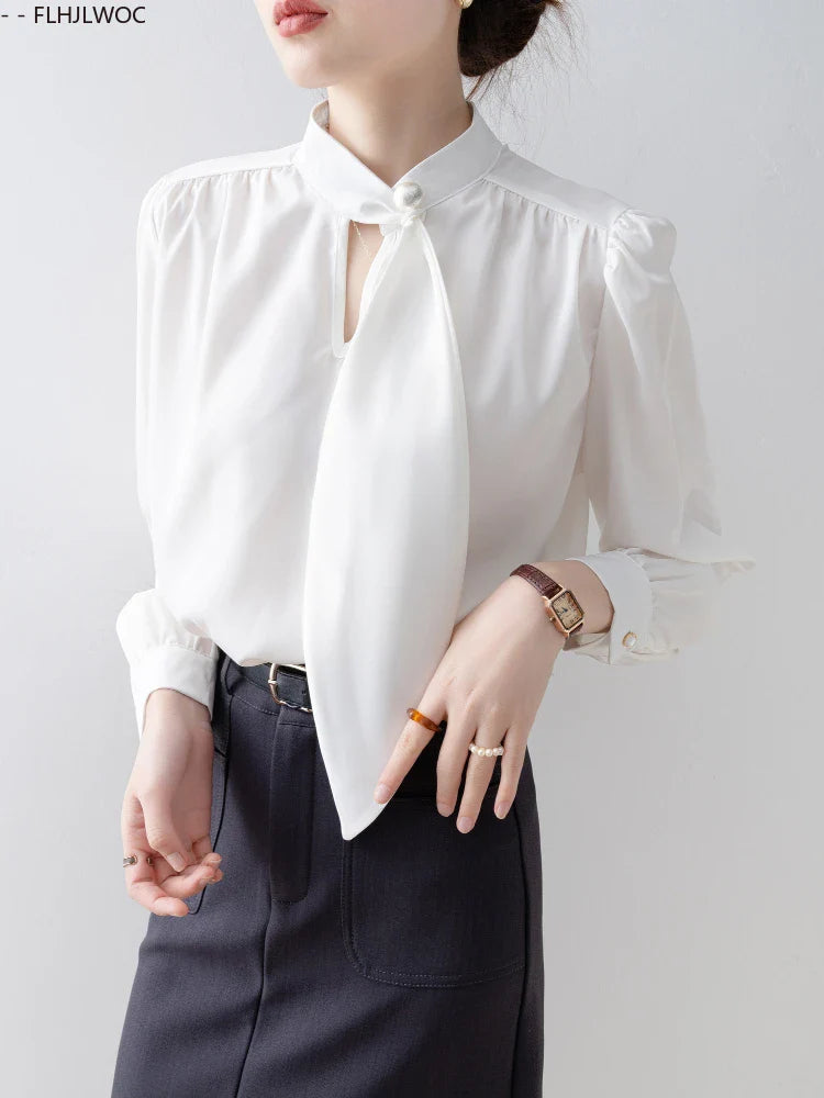 Cralom Elegant Long Sleeve Bow Tie Blouse for Women Office Chic White Shirt