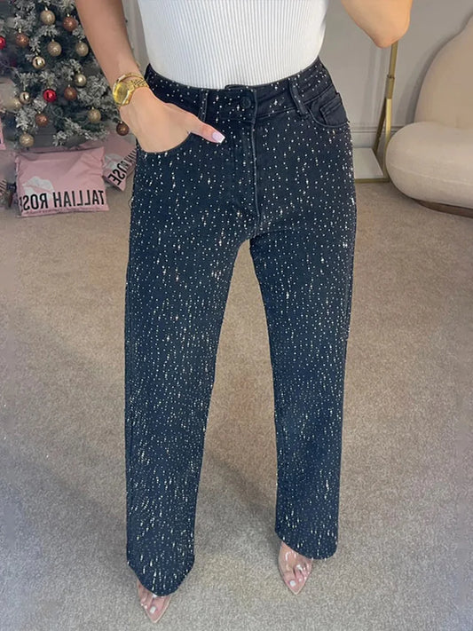 Cralom High Waist Rhinestone Straight Jeans | Streetwear Fashion Women's Denim