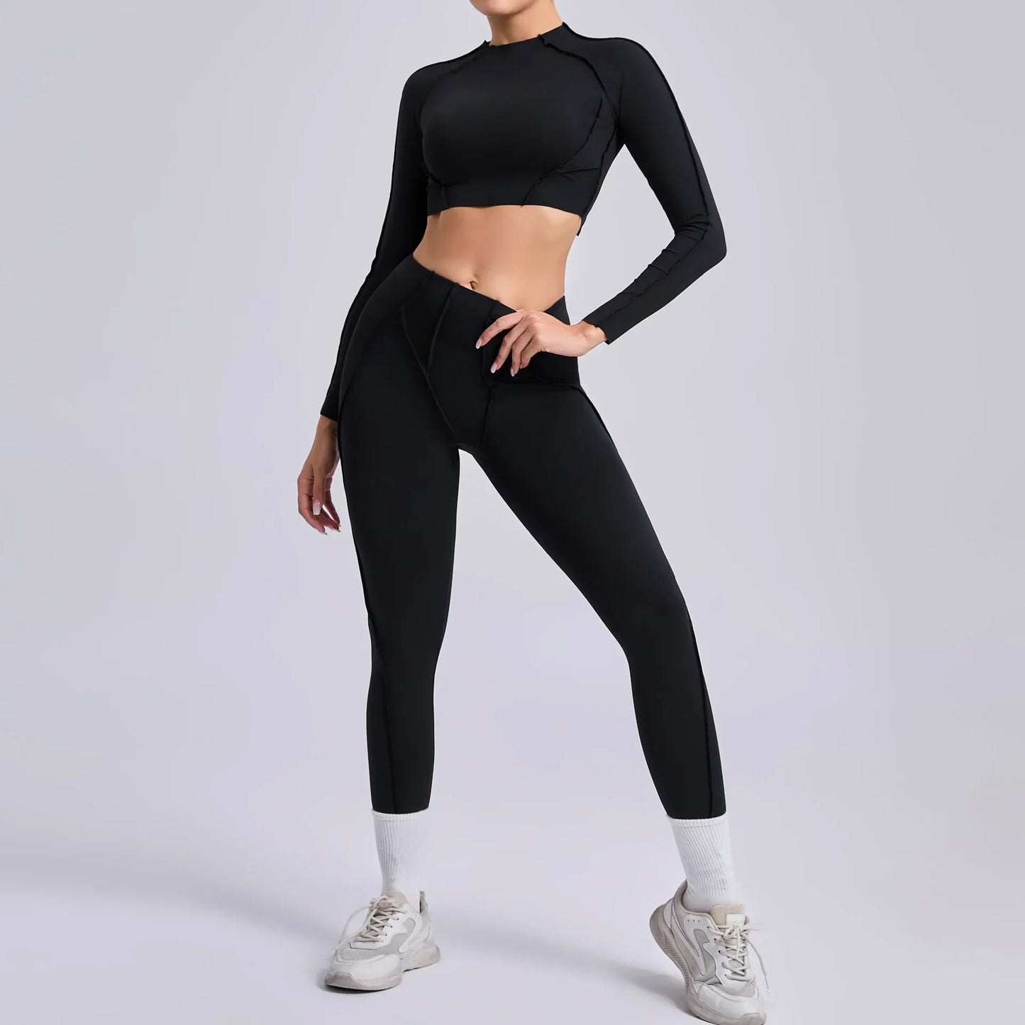 Cralom Seamless Yoga Set High Waisted Tummy Control Pleated Hip Lifting Workout Suit