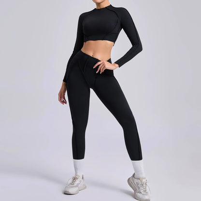 Cralom Seamless Yoga Set High Waisted Tummy Control Pleated Hip Lifting Workout Suit