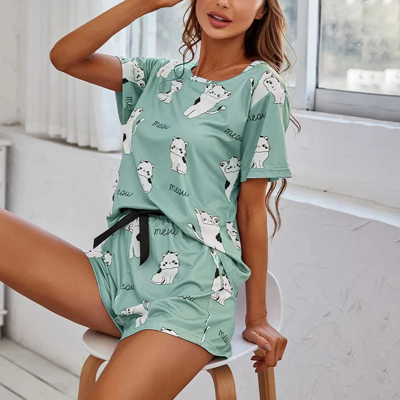 Cralom Cat Print Pajama Set - Soft Summer Sleepwear & Home Clothes