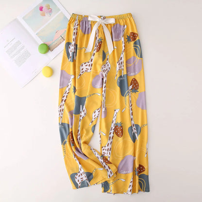 Cralom Floral Cotton Silk Pajama Pants Women's Loose Wide-leg Trousers