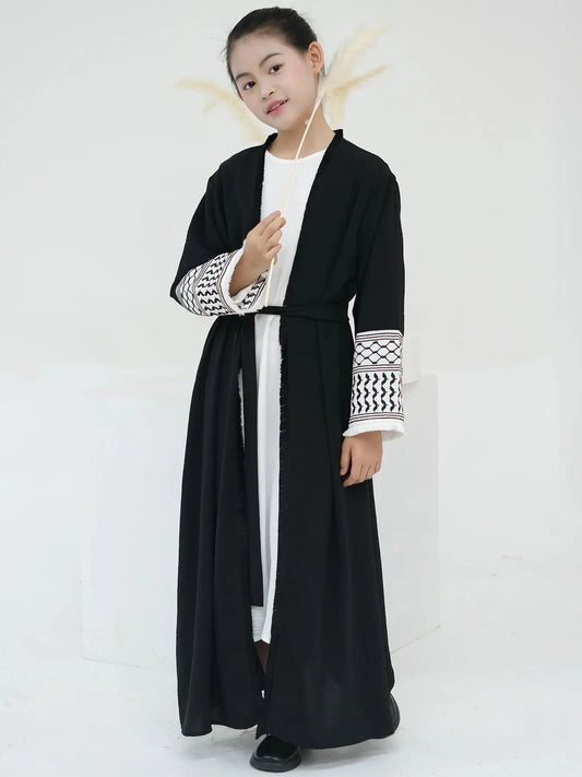 Cralom Kids Embroidered Kimono Abaya for Modest Muslim Girls