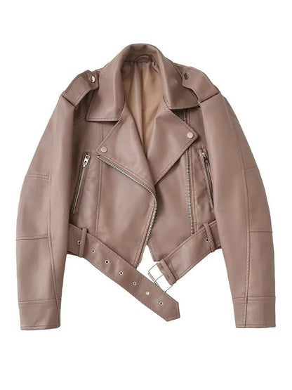 Cralom Faux Leather Biker Jacket with Belt & Zipper for Autumn Women