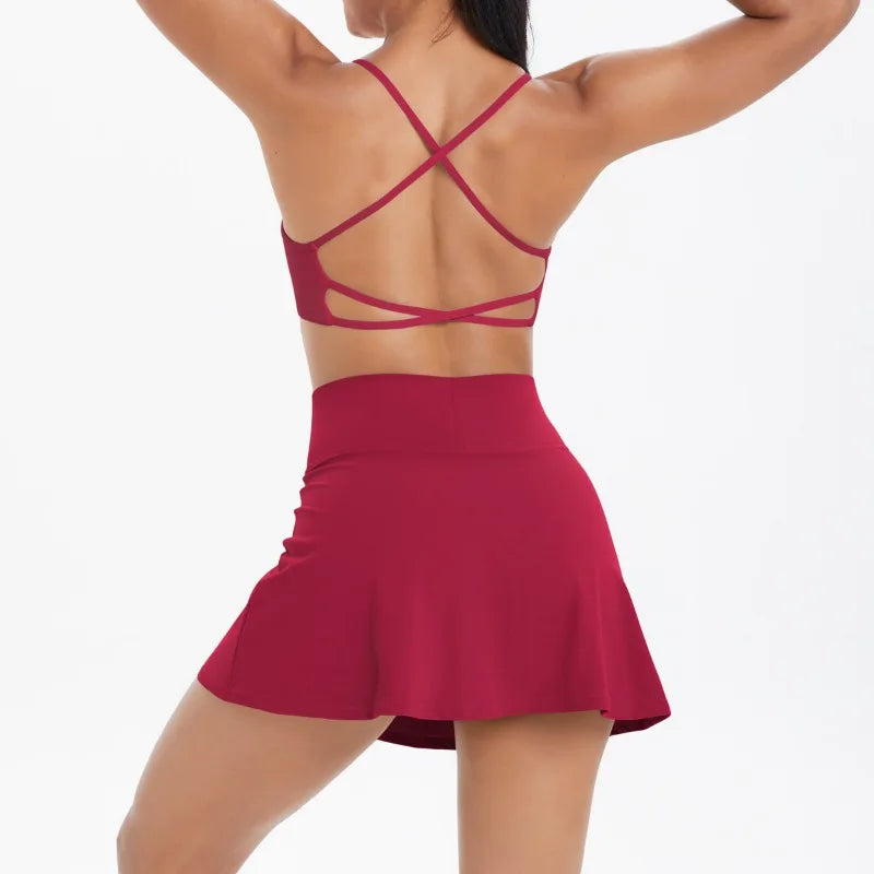 Cralom Seamless Brushed Backless Bra & Skirt Set for Yoga, Running & Fitness