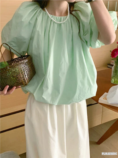 Cralom Mint Green Puff Sleeve Blouse - Sweet & Chic Women's Top