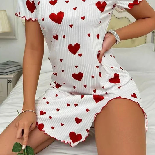 Cralom Heart Print Short-Sleeve Nightgown: Comfy Crew Neck Sleepdress for Summer