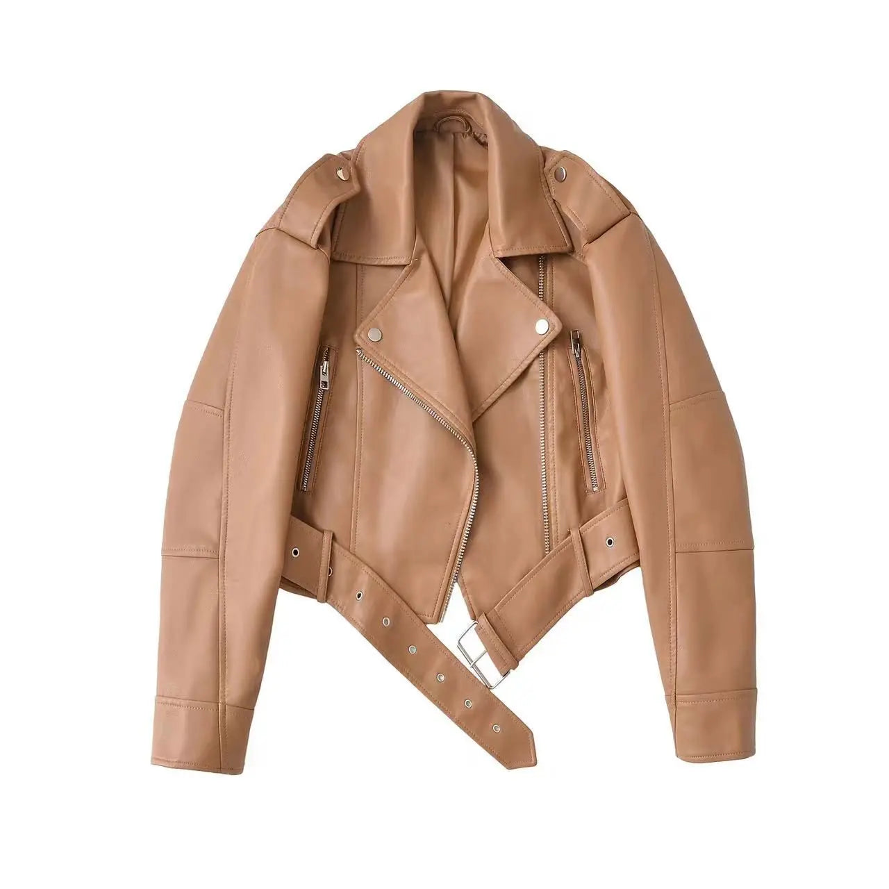 Cralom Faux Leather Biker Jacket with Belt & Zipper for Autumn Women