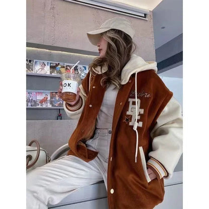 Cralom Flocking Hooded Jacket: Y2K Street Fashion Baseball Style Coat