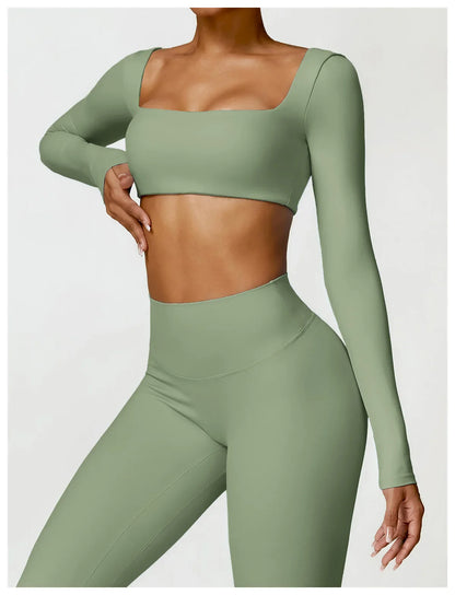 Cralom Square Neck Gym Top: Quick Dry Long Sleeve Crop Top for Women