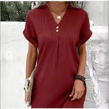 Cralom V-neck Button Top Short Sleeve Dress Solid Color Comfort 2024 Summer