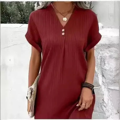 Cralom V-neck Button Top Short Sleeve Dress Solid Color Comfort 2024 Summer