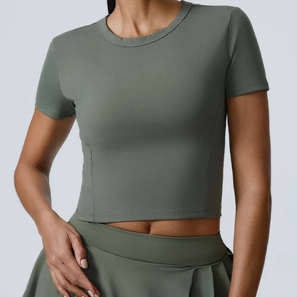 Cralom Yoga High Elastic Fitness Top: Short Sleeve Dance Running Gym Workout Tee