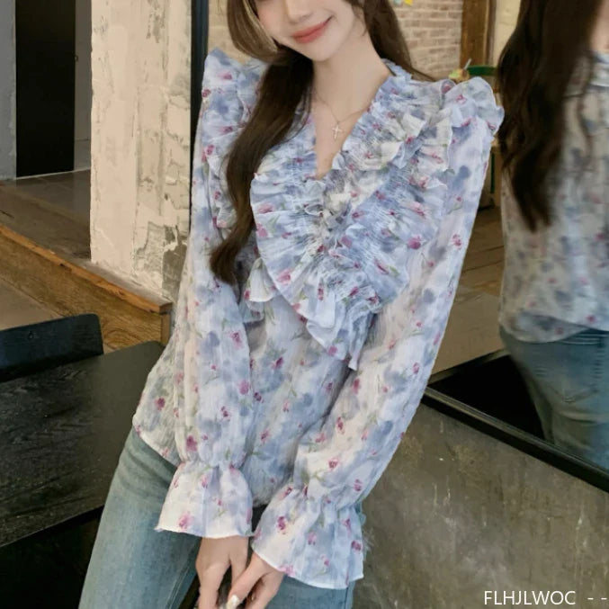 Cralom Floral Print Ruffles Top for Women - Retro Vintage Style