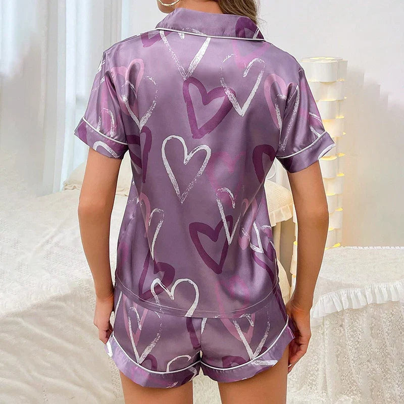 Cralom Heart Print Pajama Set: Short Sleeve Top & Shorts Sleepwear