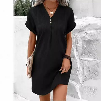 Cralom V-neck Button Top Short Sleeve Dress Solid Color Comfort 2024 Summer