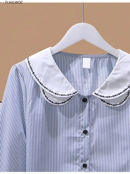 Cralom Embroidered Peter Pan Collar Blouse Long Sleeve Preppy Style Striped Shirt