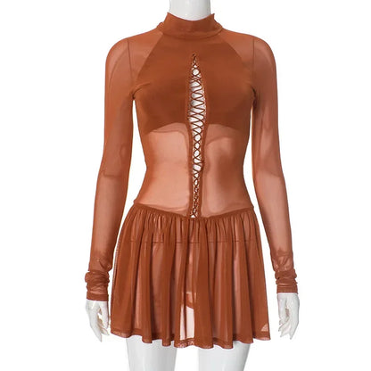 Cralom Long Sleeve Mesh Bodycon Mini Dress - Sexy Evening Night Club Style