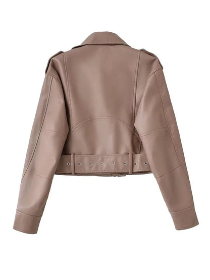 Cralom Faux Leather Biker Jacket with Belt & Zipper for Autumn Women