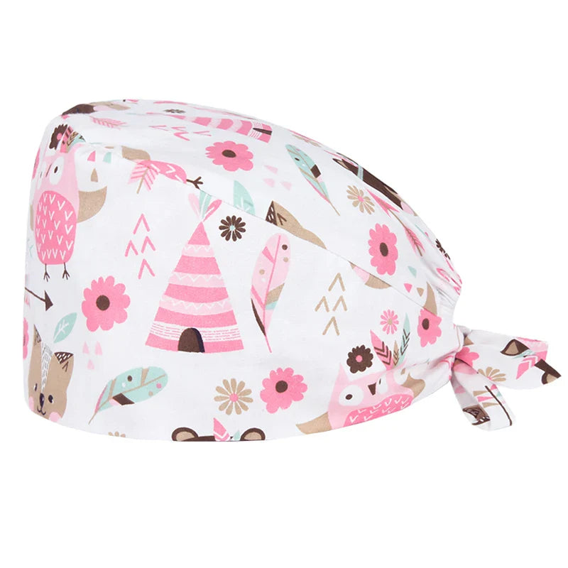 Cralom Cotton Scrub Cap with Sweatband, Tie Back Working Hat for Beauticians