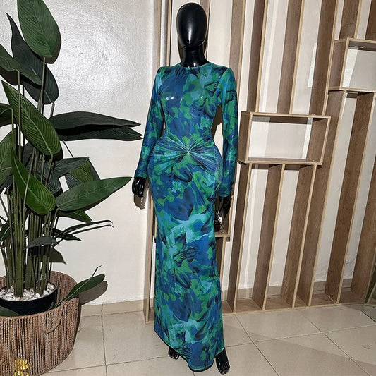 Cralom Printed Round Neck Slim Fit Long Sleeve Dress