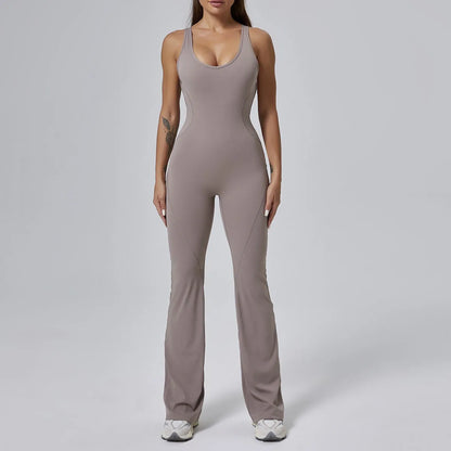 Cralom Seamless Yoga Bodysuit - Flare Leg Booty Lifting Jumpsuit for Gym