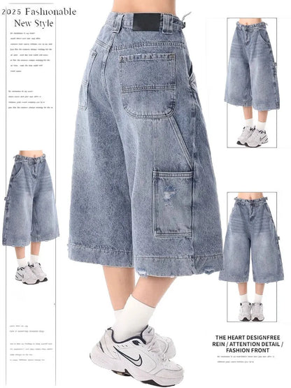 Cralom High Waist Wide Leg Denim Bermuda Shorts for Women