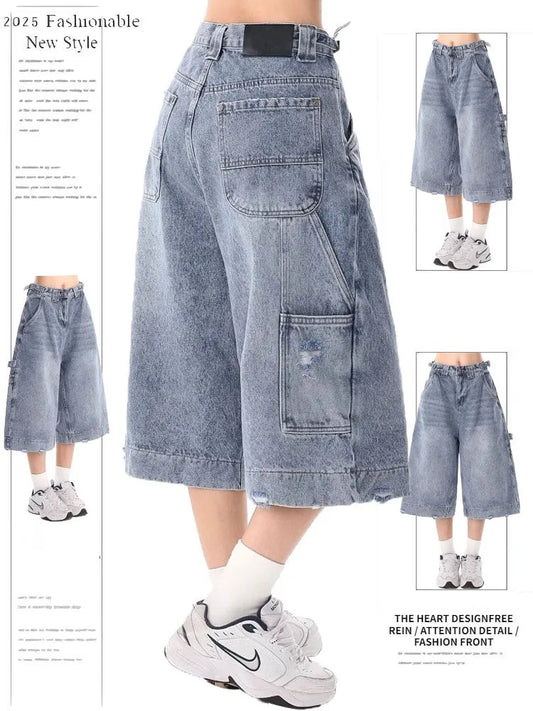 Cralom High Waist Wide Leg Denim Bermuda Shorts for Women