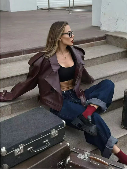 Cralom Faux Leather Jacket Casual Lady Lapel Zipper High Street Motorcycle Coat
