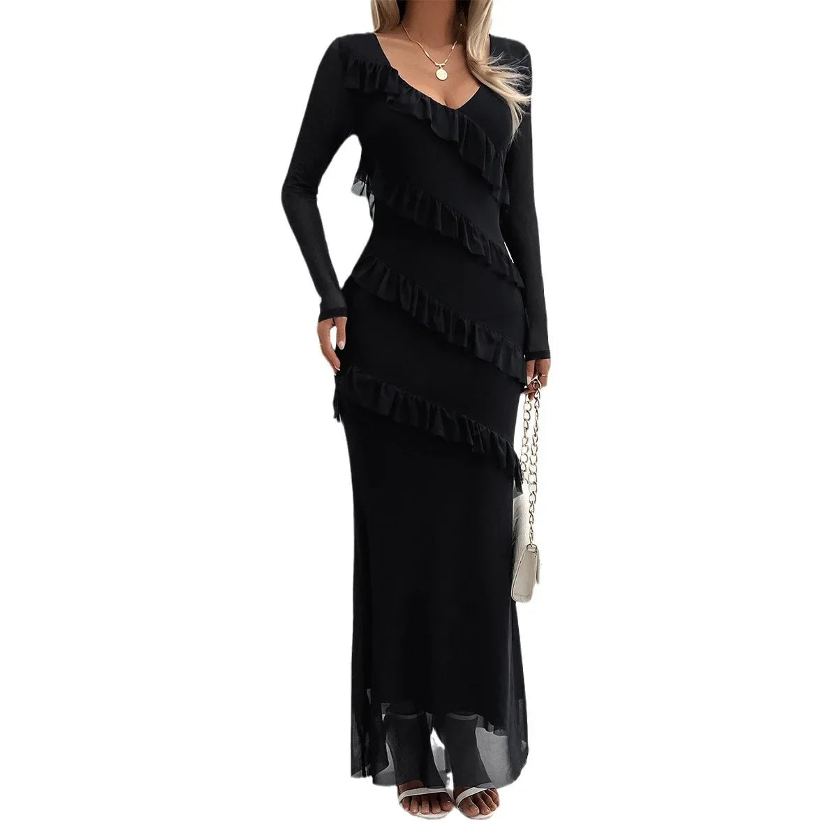 Cralom Women's V-Neck Mesh Dress: Solid Color, Slim Fit, Long-Sleeved. Suitable for Autumn & Winter.