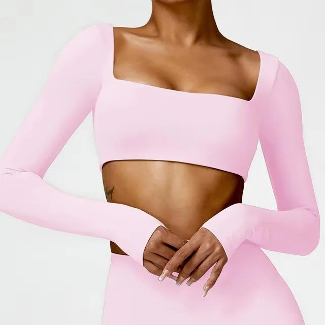 Cralom Square Neck Gym Top: Quick Dry Long Sleeve Crop Top for Women