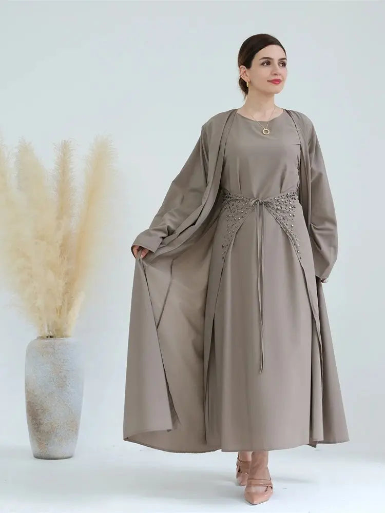 Ramadan Eid Open Abaya 3-Piece Set by Cralom: Elegant Muslim Prayer Dress & Kimono
