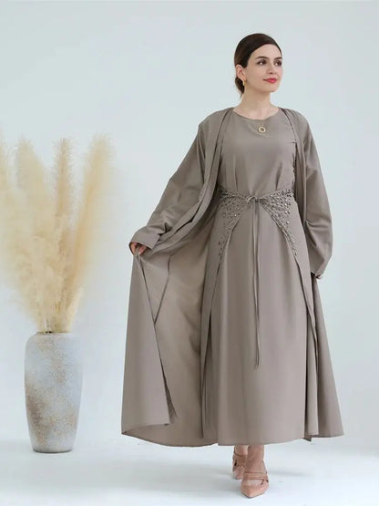 Ramadan Eid Open Abaya 3-Piece Set by Cralom: Elegant Muslim Prayer Dress & Kimono
