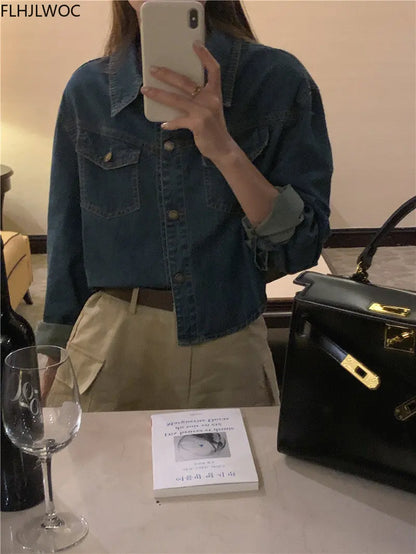 Cralom Women's Denim Jacket | Long Sleeve Casual Preppy Style Blue Jeans Coat