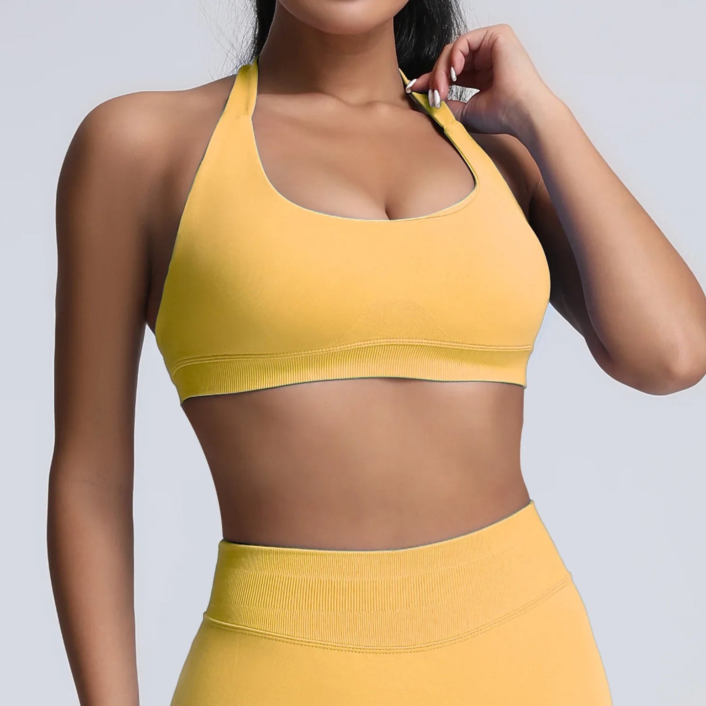 Cralom Yoga Halter Sports Bra Open Back Padded Crop Top Gym Fitness Running Top
