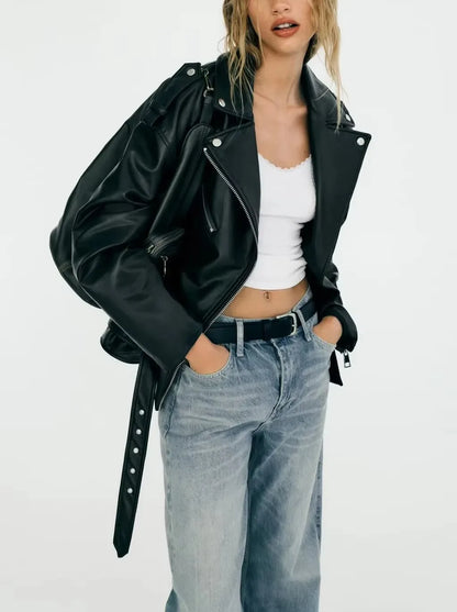 Cralom Black Faux Leather Belted Jacket for Women