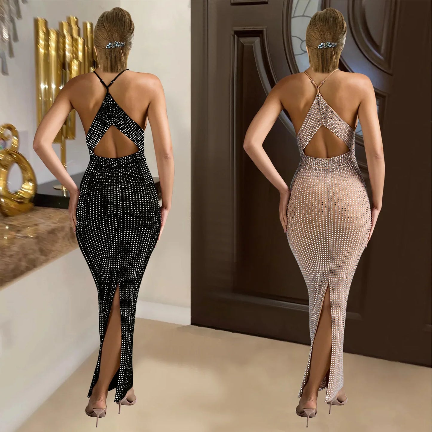 Cralom Rhinestone V-neck Sleeveless Maxi Dress for Summer 2025