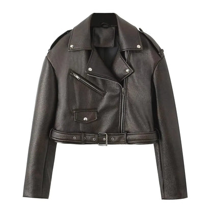 Cralom Vintage Style Short Leather Jacket for Women, Retro Zipper Coat Moto Outwear